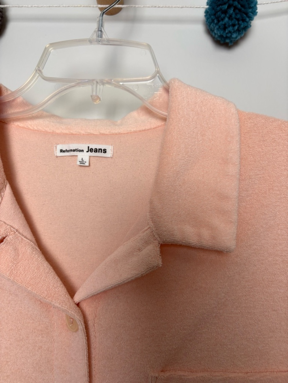 Reformation Jeans Towel Terry Short Sleeve Light Pink Button Up Polo - Picture 3 of 8